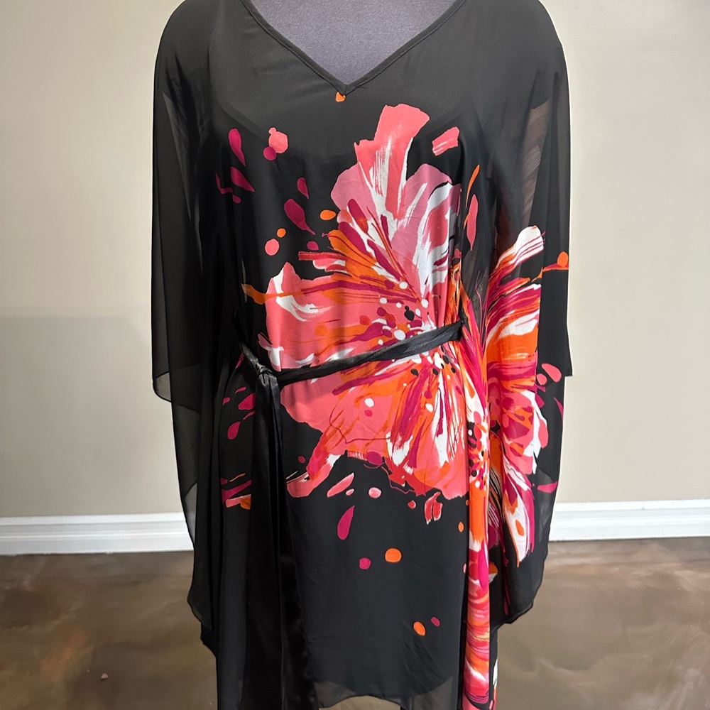 Bisou Bisou Black and Pink Floral Midi Dress